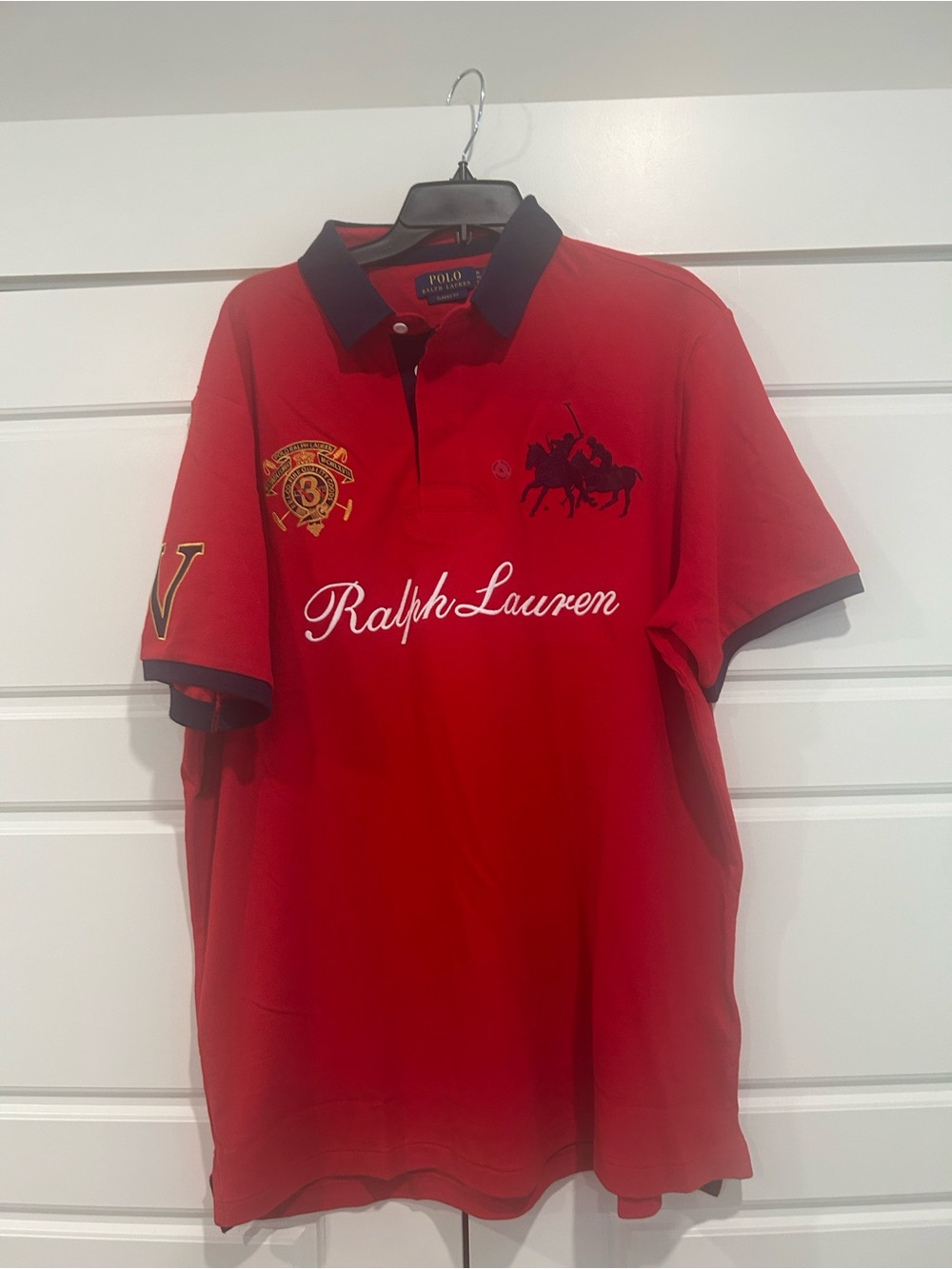 Ralph Lauren Red Polo with Blue Trim and Embroidered Logos